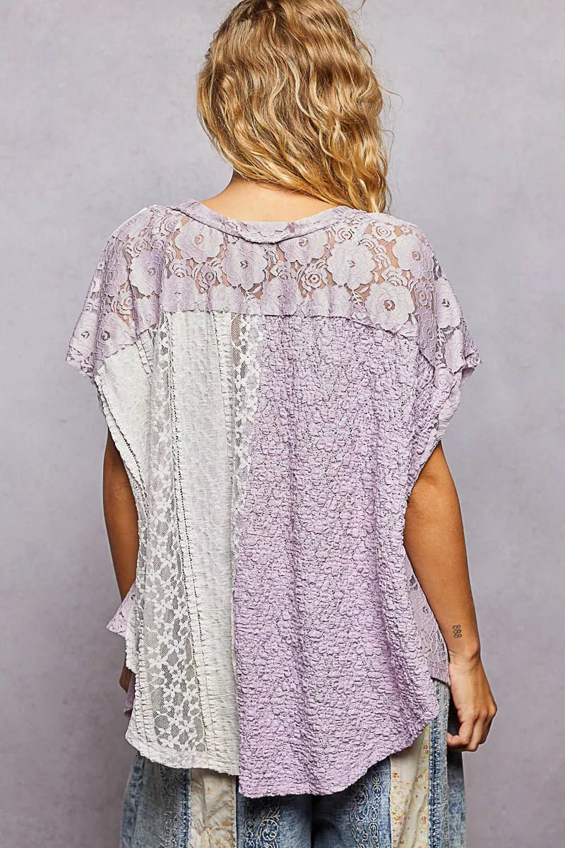 POL Asymmetrical V - Neck Short Sleeve Lace Top - Seedandsoulful