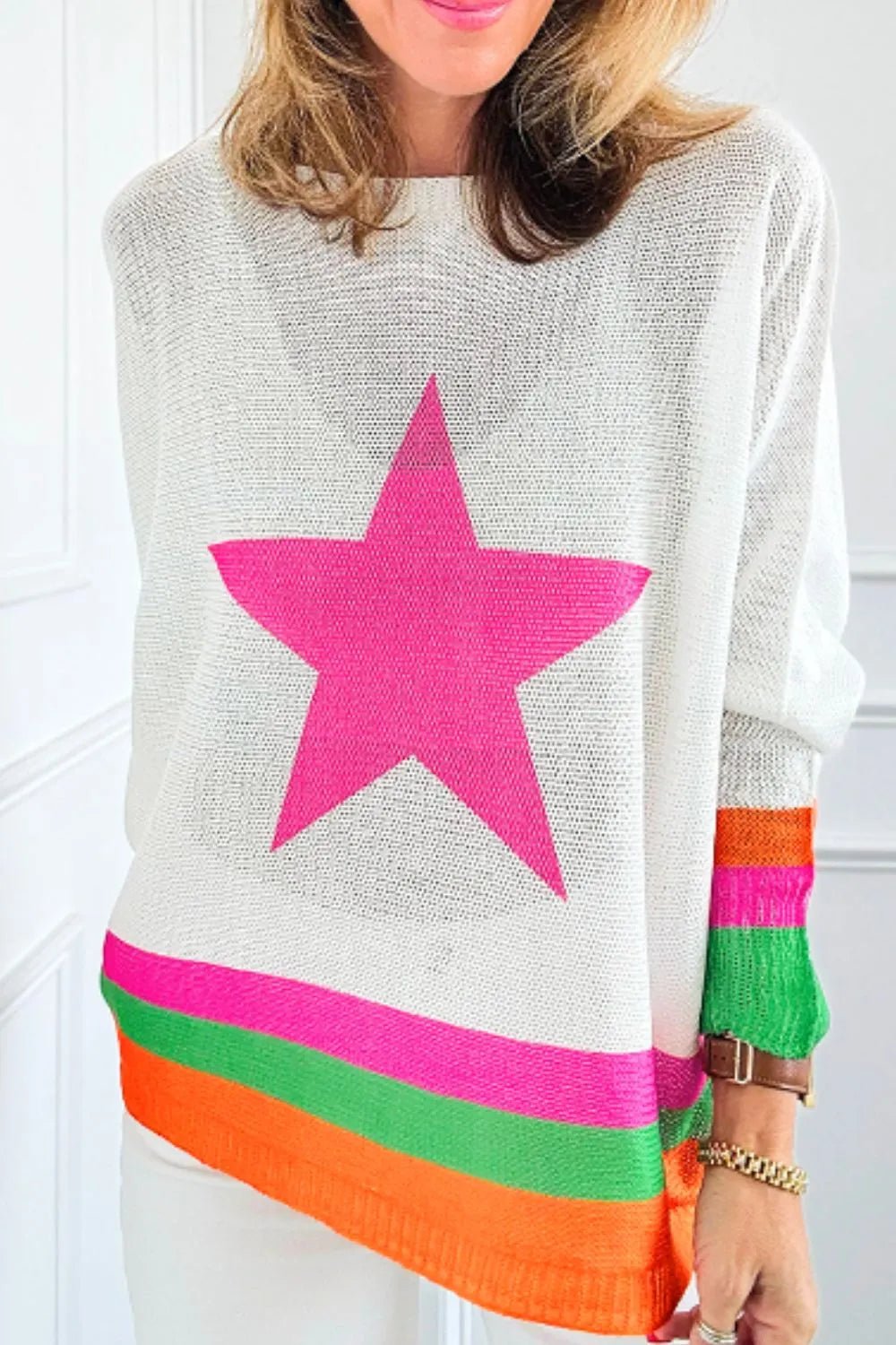 Star Contrast Round Neck Long Sleeve Knit Top - Seedandsoulful