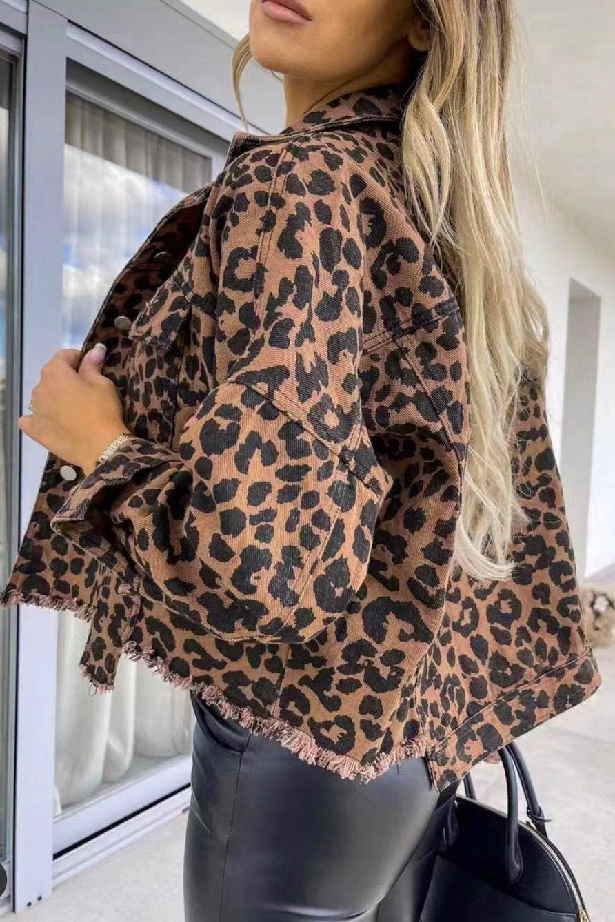 Leopard Raw Hem Denim Jacket - Seedandsoulful