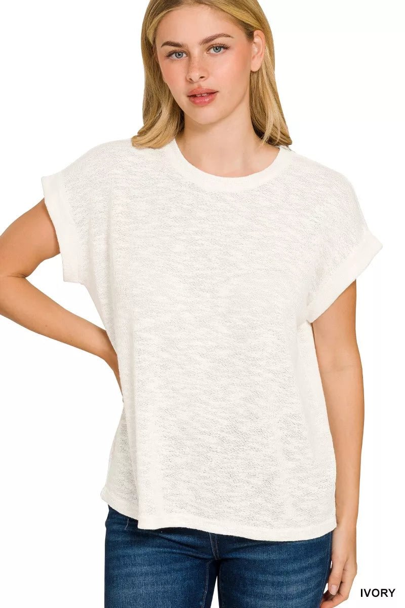 Zenana Hacci Slub Rolled Up Sleeve Tee - Seedandsoulful