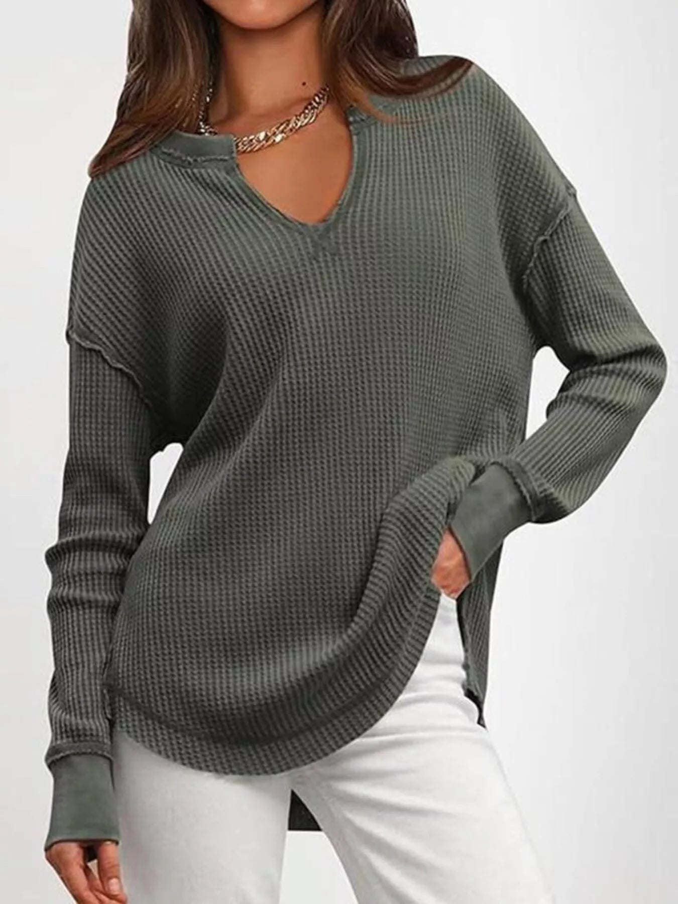 Slit Notched Long Sleeve T-Shirt - Seedandsoulful