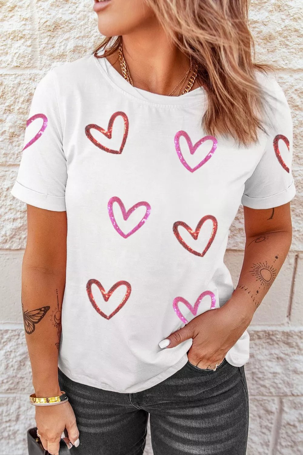 Sequin Heart Short Sleeve Casual Tee - Seedandsoulful