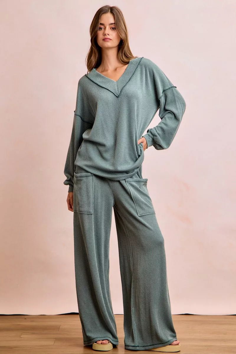 BiBi Two Tone Cord Rib Contrast Stitching V - Neck Top and Pants Set - Seedandsoulful