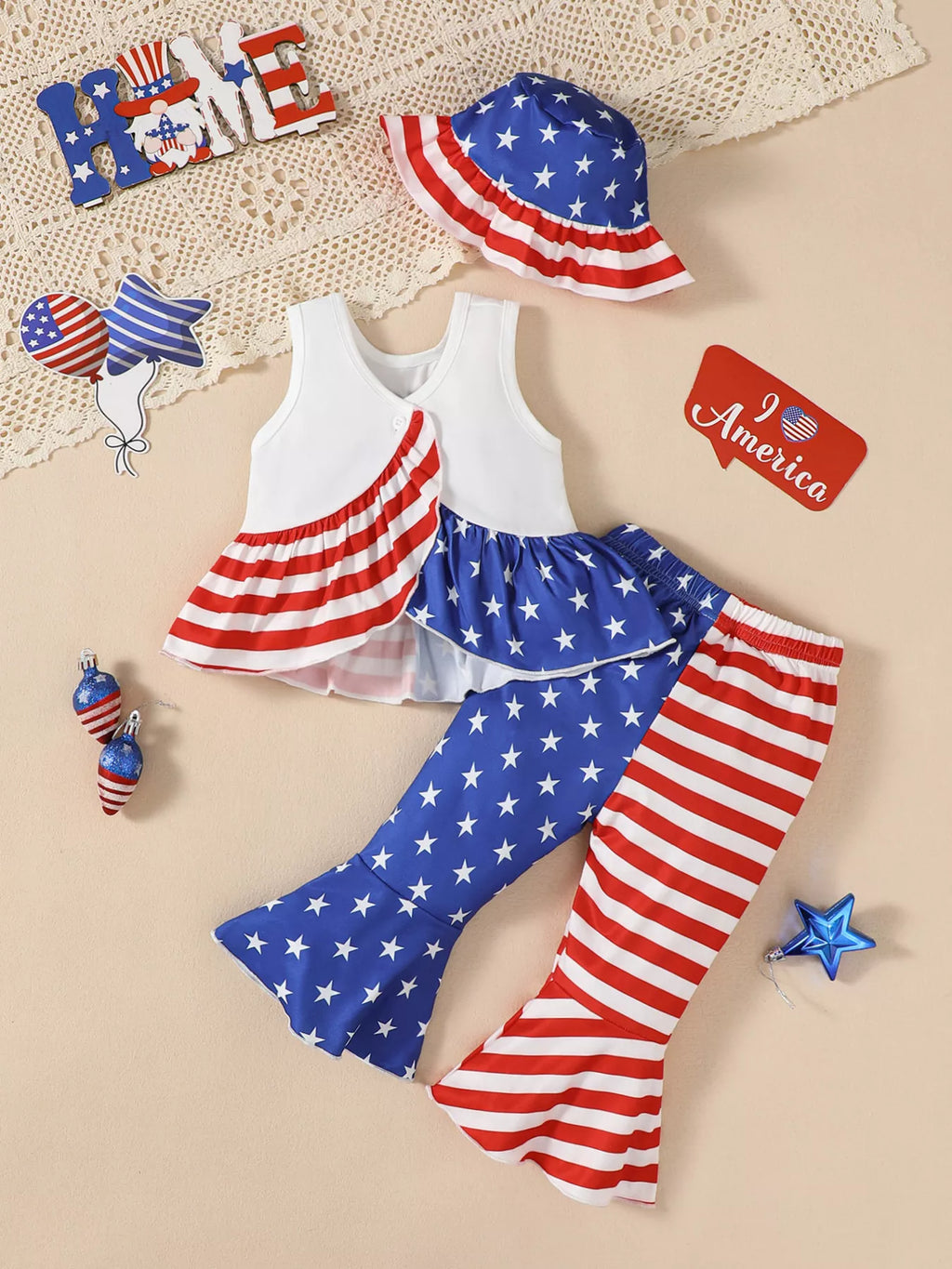 Children's Patriotic Tank and Pants Outfit Set with Hat - Seedandsoulful
