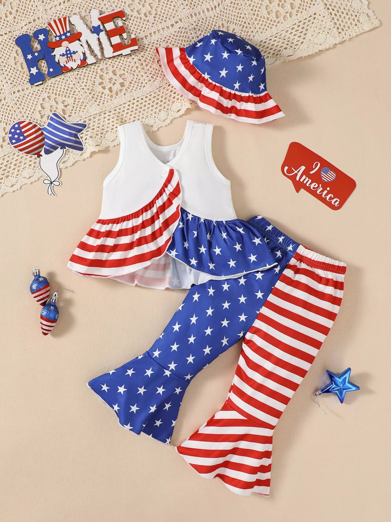 Children's Patriotic Tank and Pants Outfit Set with Hat - Seedandsoulful
