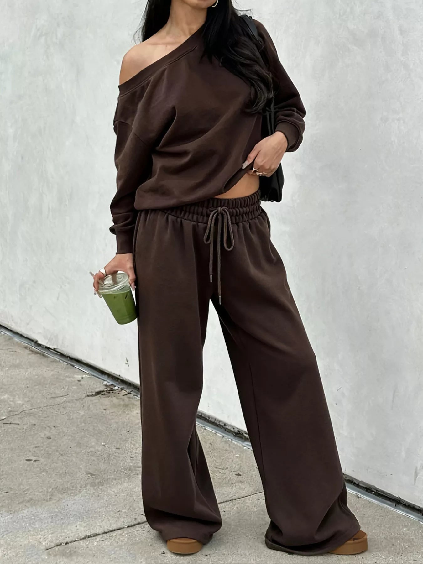 Boat Neck Long Sleeve Sweatshirt and Pants Set - Seedandsoulful