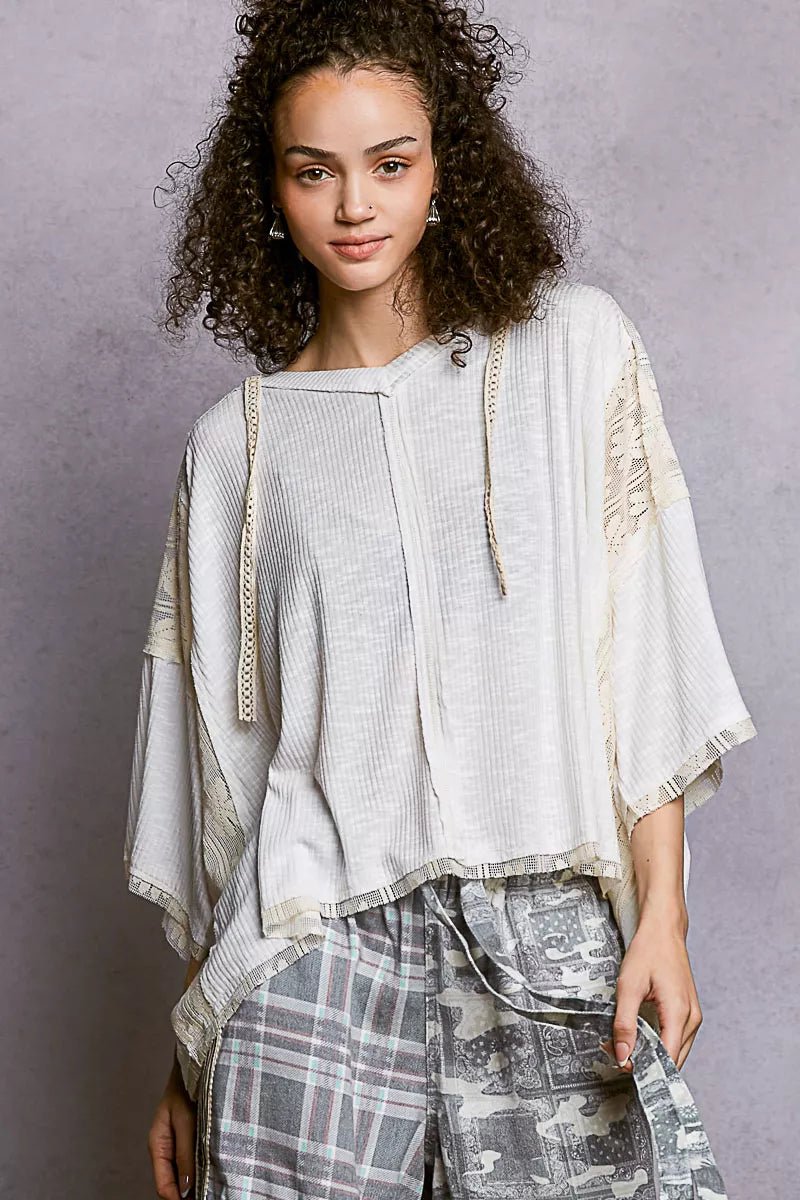 POL Short Sleeve Hoodie Top with Lace Detail - Seedandsoulful