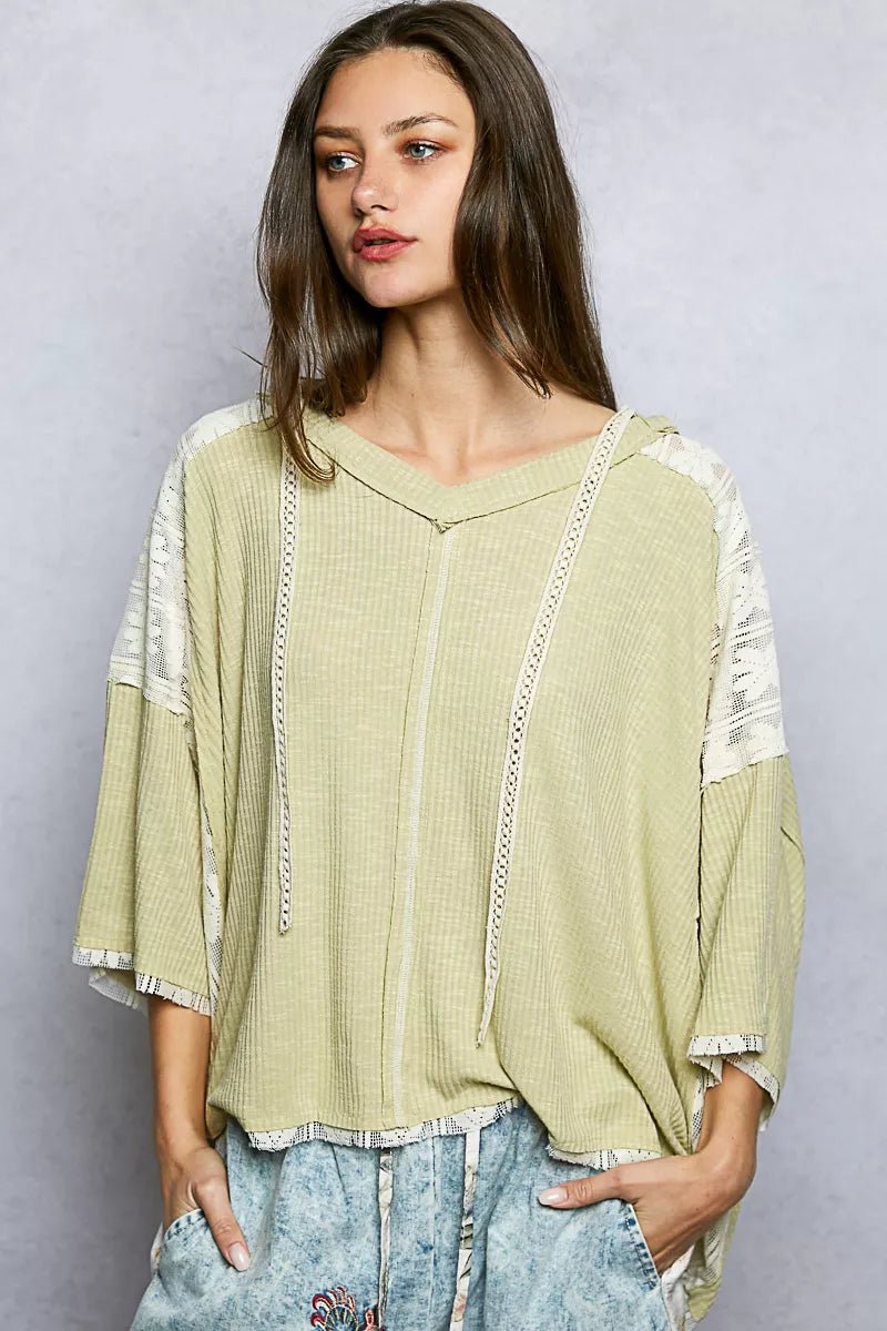 POL Short Sleeve Hoodie Top with Lace Detail - Seedandsoulful