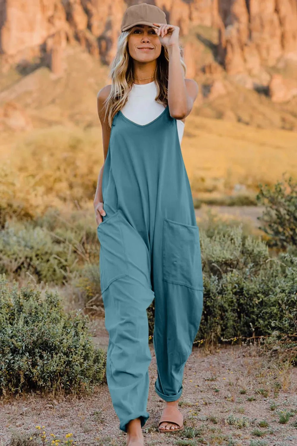 Double Take Full Size V - Neck Sleeveless Jumpsuit with Pockets - Seedandsoulful