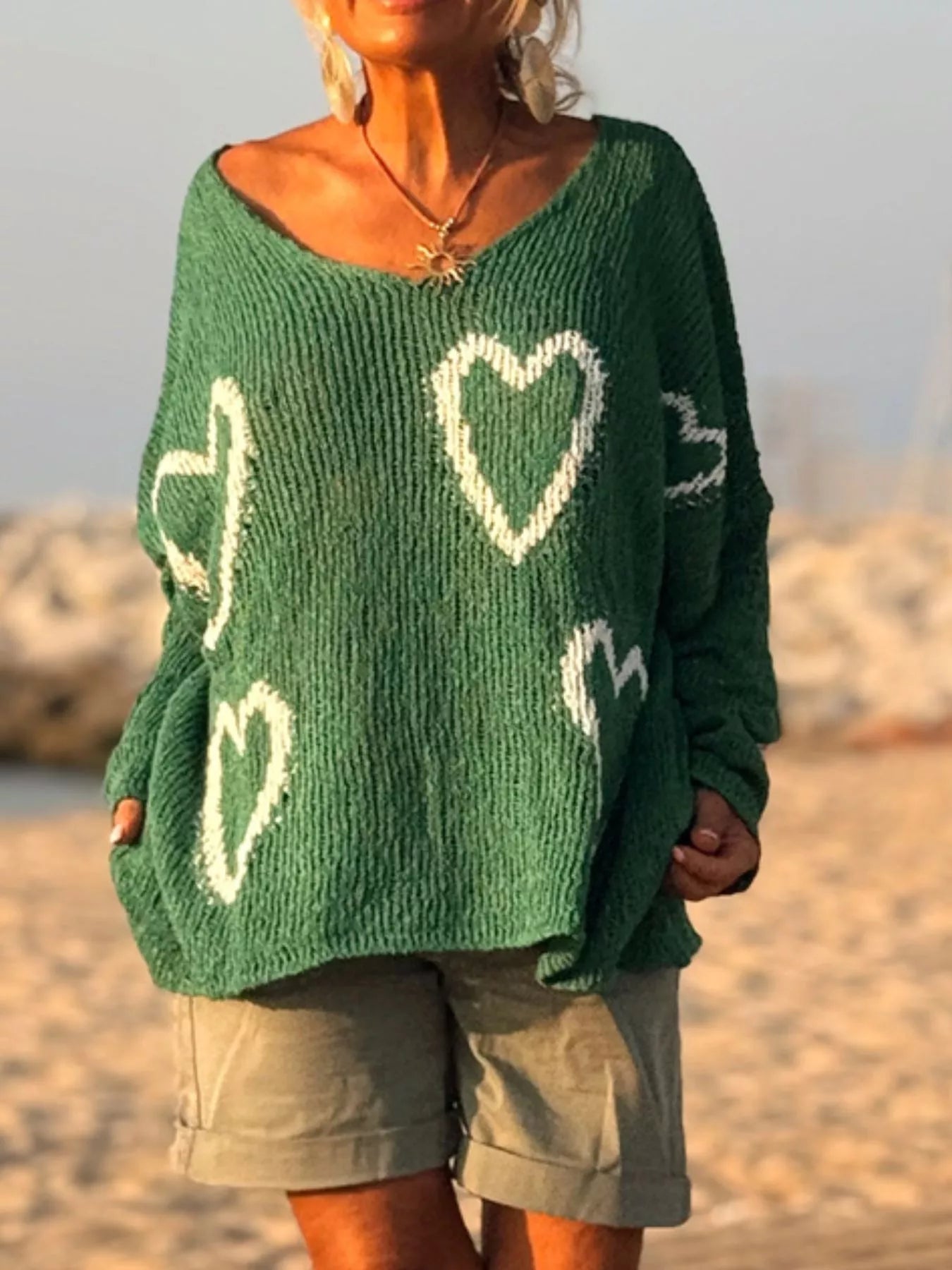 Heart V - Neck Dropped Shoulder Sweater - Seedandsoulful