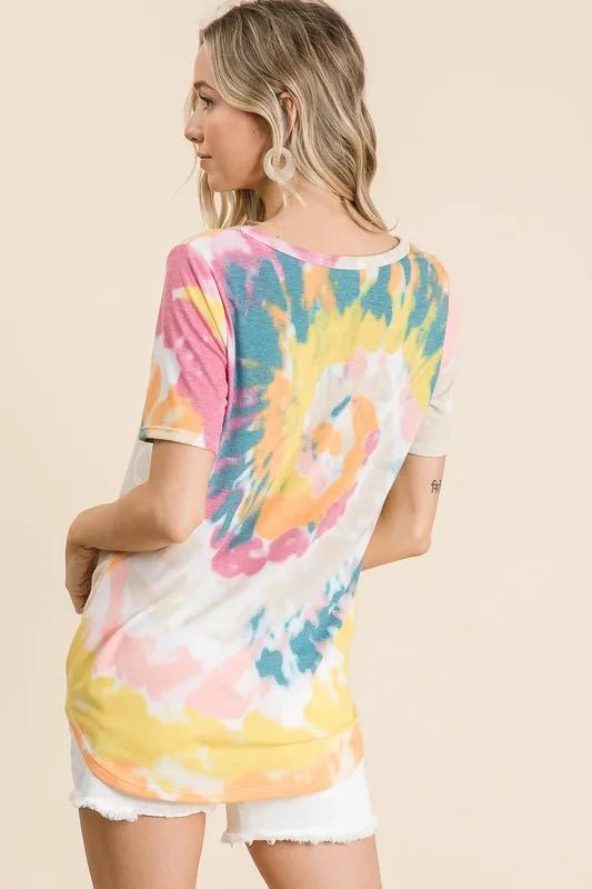 BiBi Circular Tie Dye Print V Neck Top - Seedandsoulful