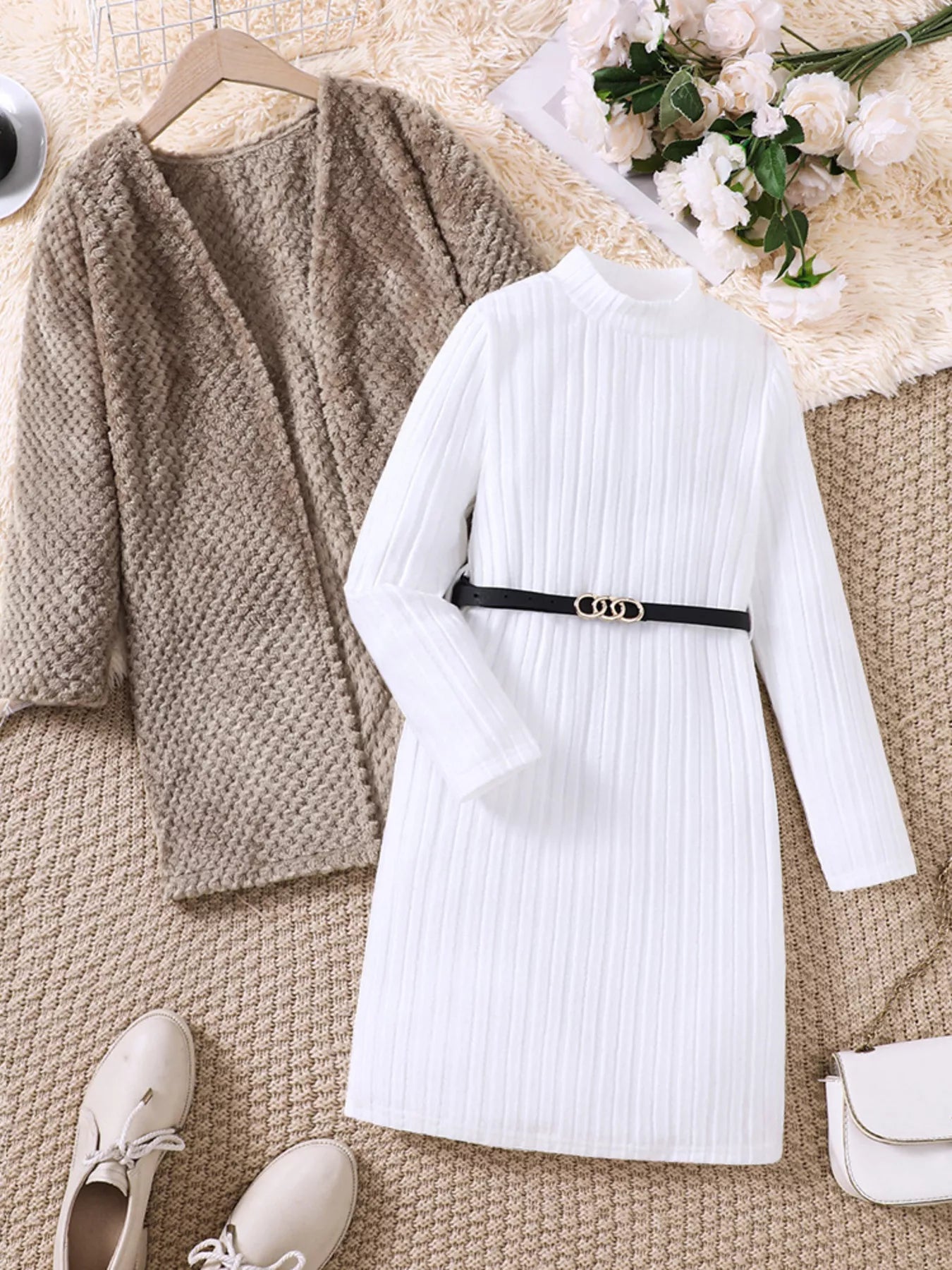 Children's Textured Sweater Dress and Open Front Cardigan Set - Seedandsoulful