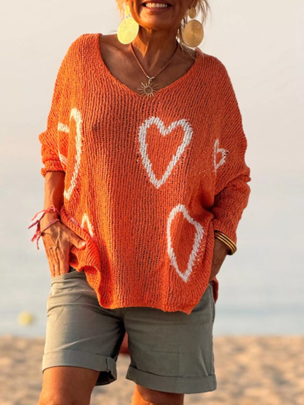 Heart V - Neck Dropped Shoulder Sweater - Seedandsoulful