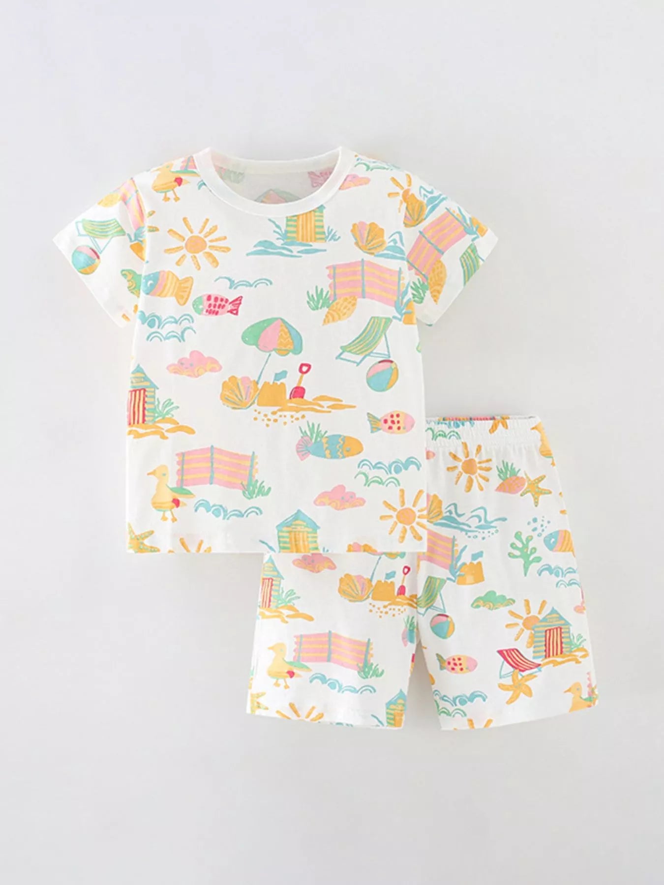 Children's Beach Print Round Neck Tee Shorts Set and - Seedandsoulful