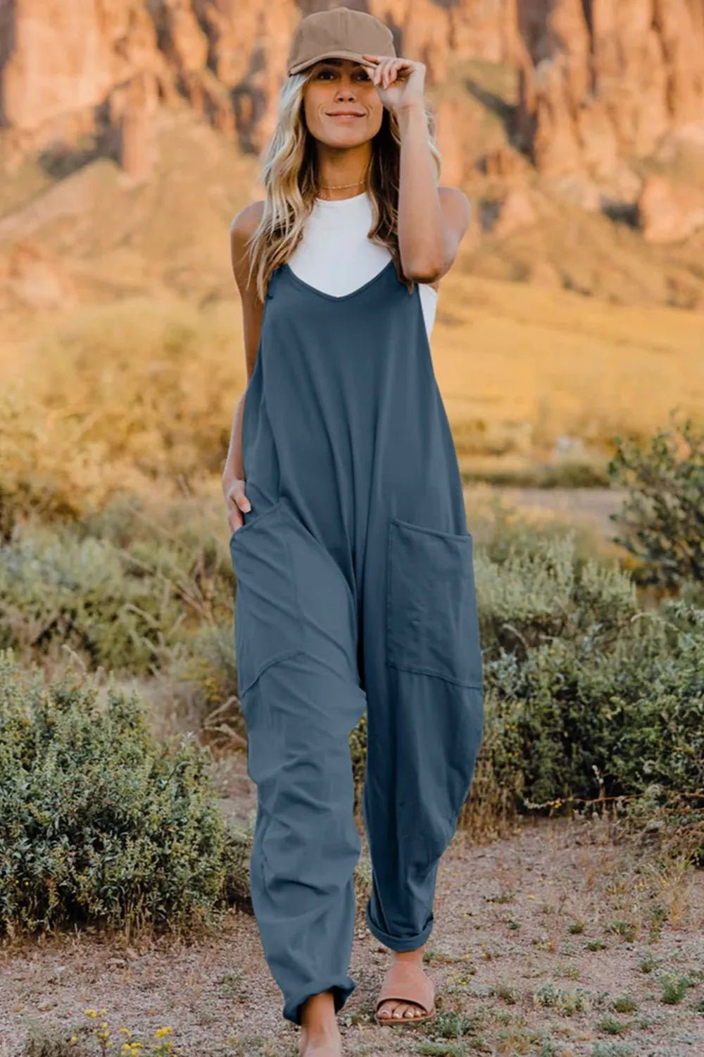 Double Take Full Size V - Neck Sleeveless Jumpsuit with Pockets - Seedandsoulful
