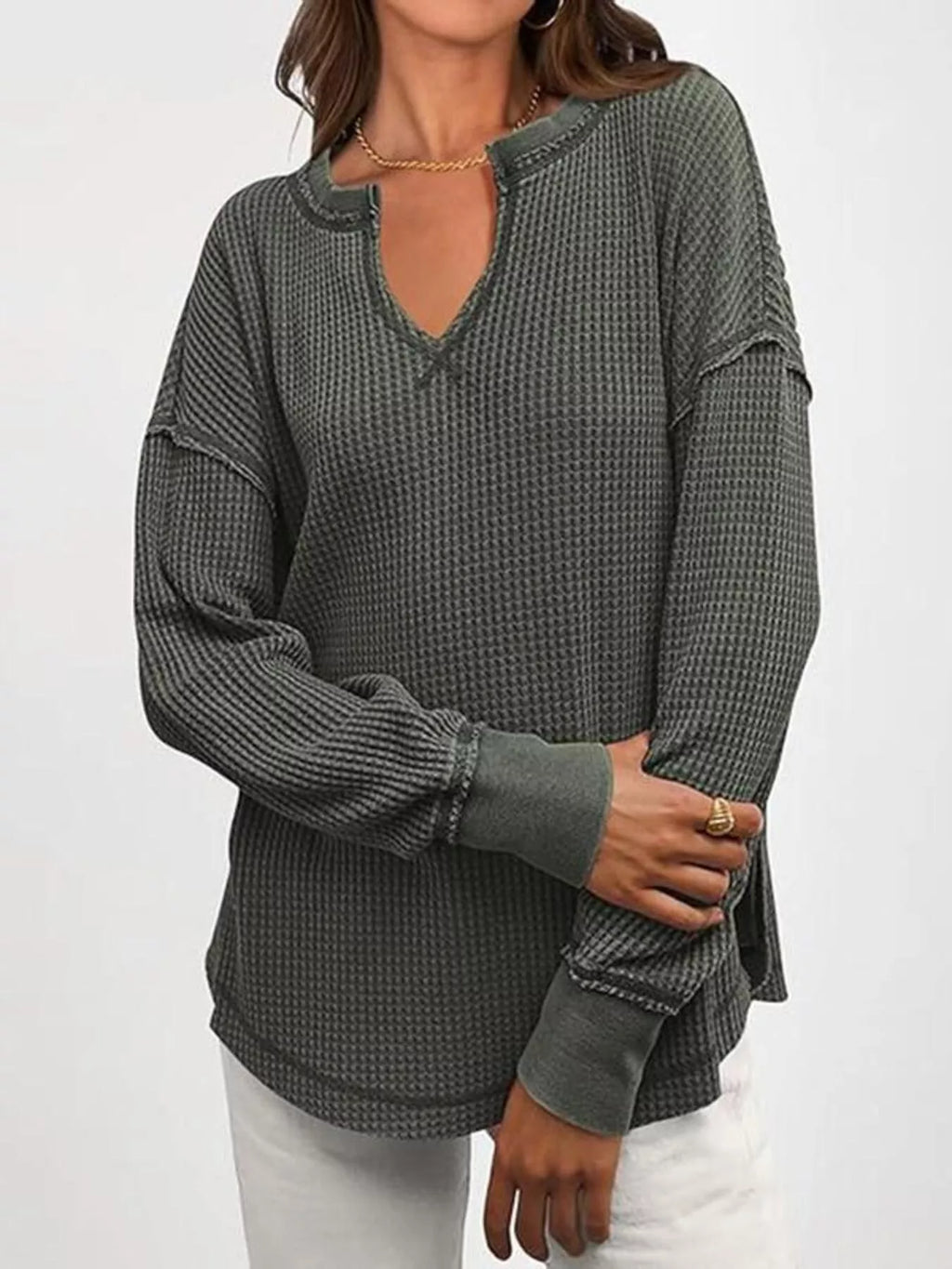 Slit Notched Long Sleeve T-Shirt - Seedandsoulful