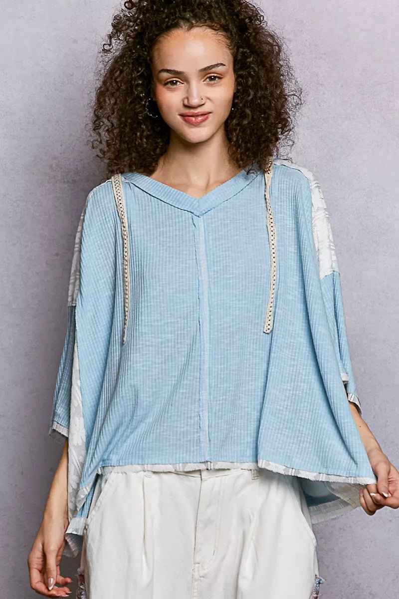 POL Short Sleeve Hoodie Top with Lace Detail - Seedandsoulful