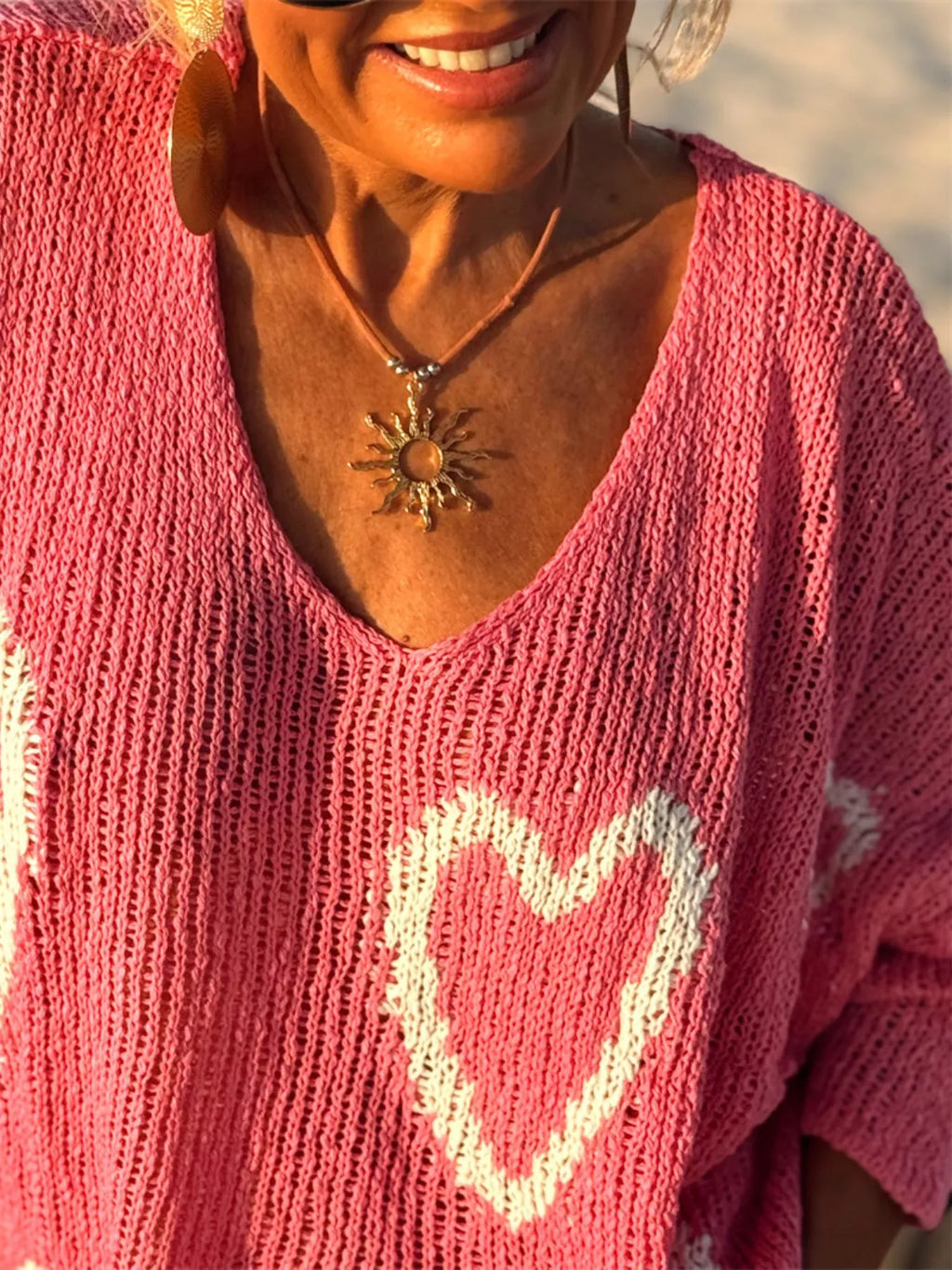 Heart V - Neck Dropped Shoulder Sweater - Seedandsoulful