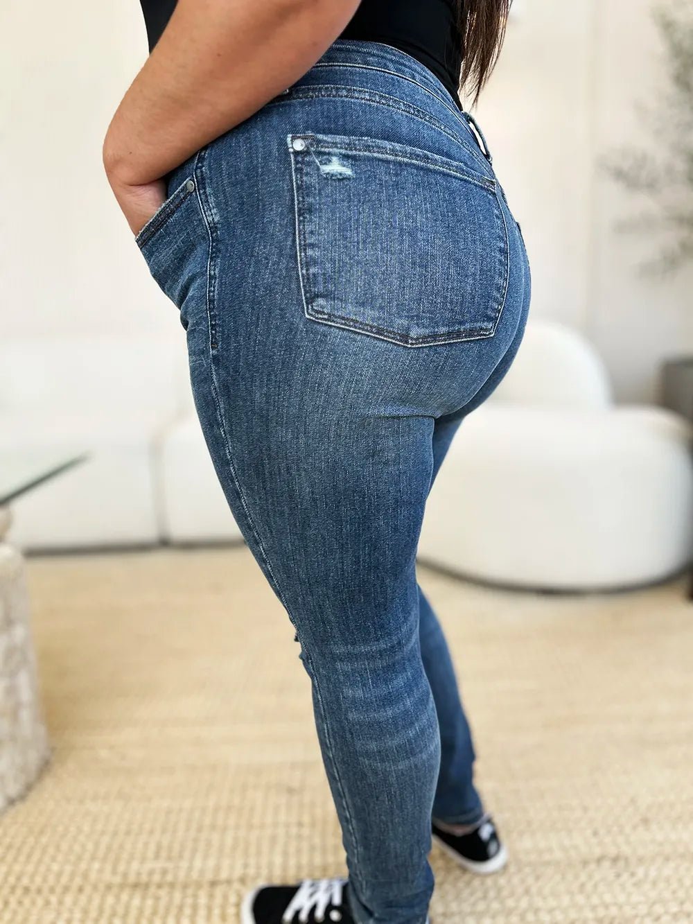 Judy Blue Full Size Mid Waist Distressed Slim Jeans - Seedandsoulful