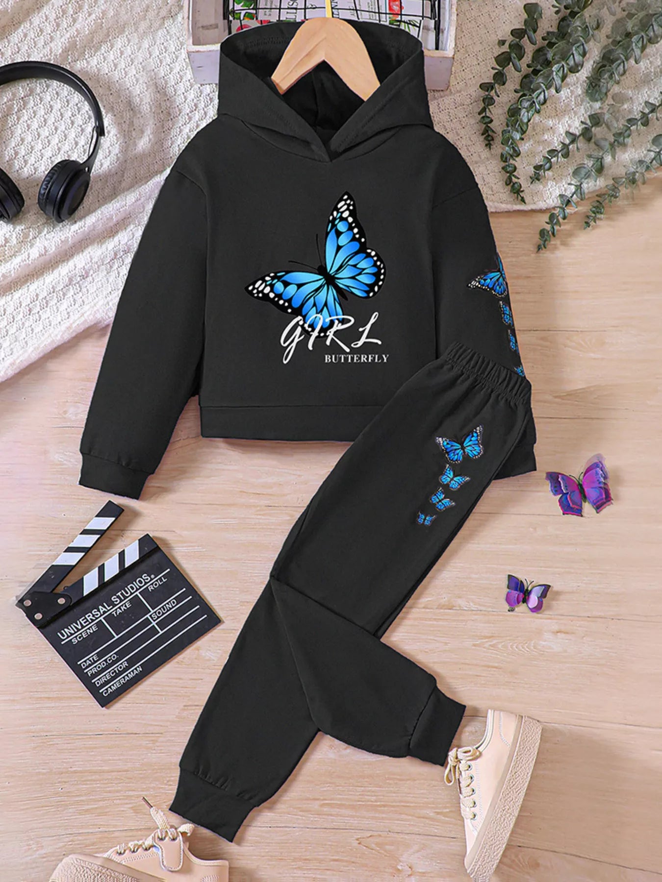 Childrens's Butterfly Print Hoodie & Pants Set - Seedandsoulful