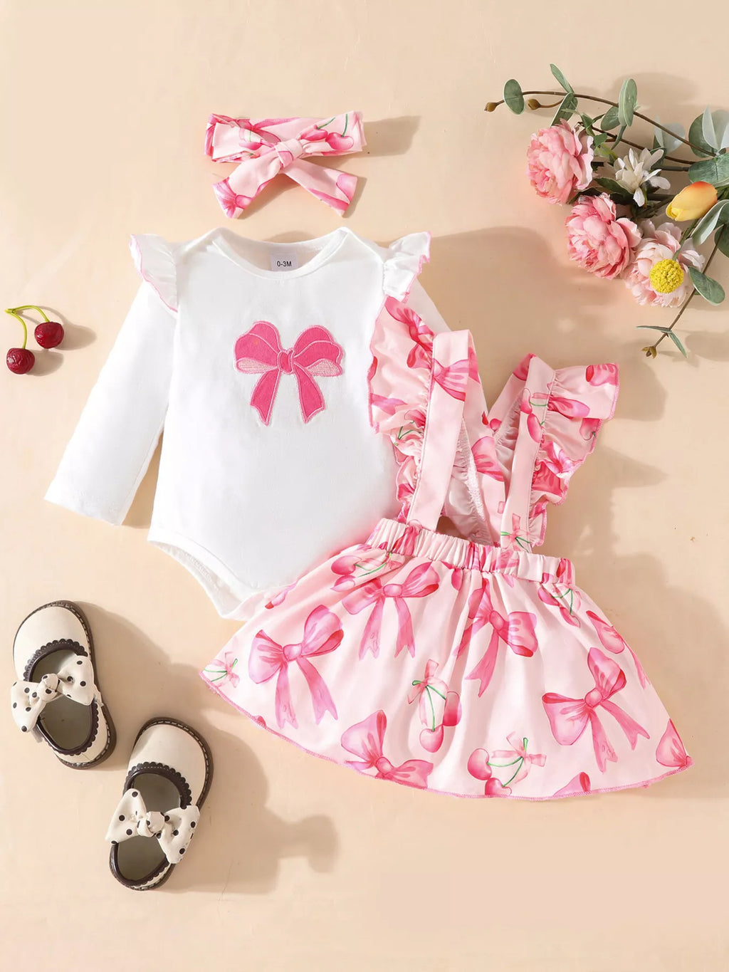 Children's Bowknot Print Ruffle Trim 3 Piece Set - Seedandsoulful