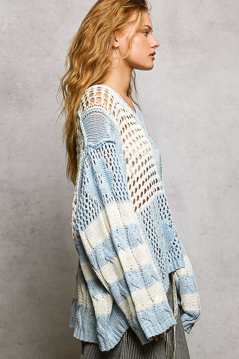 POL Color - Blocked Stripe Pattern Knit Top with Twisted Weave - Seedandsoulful