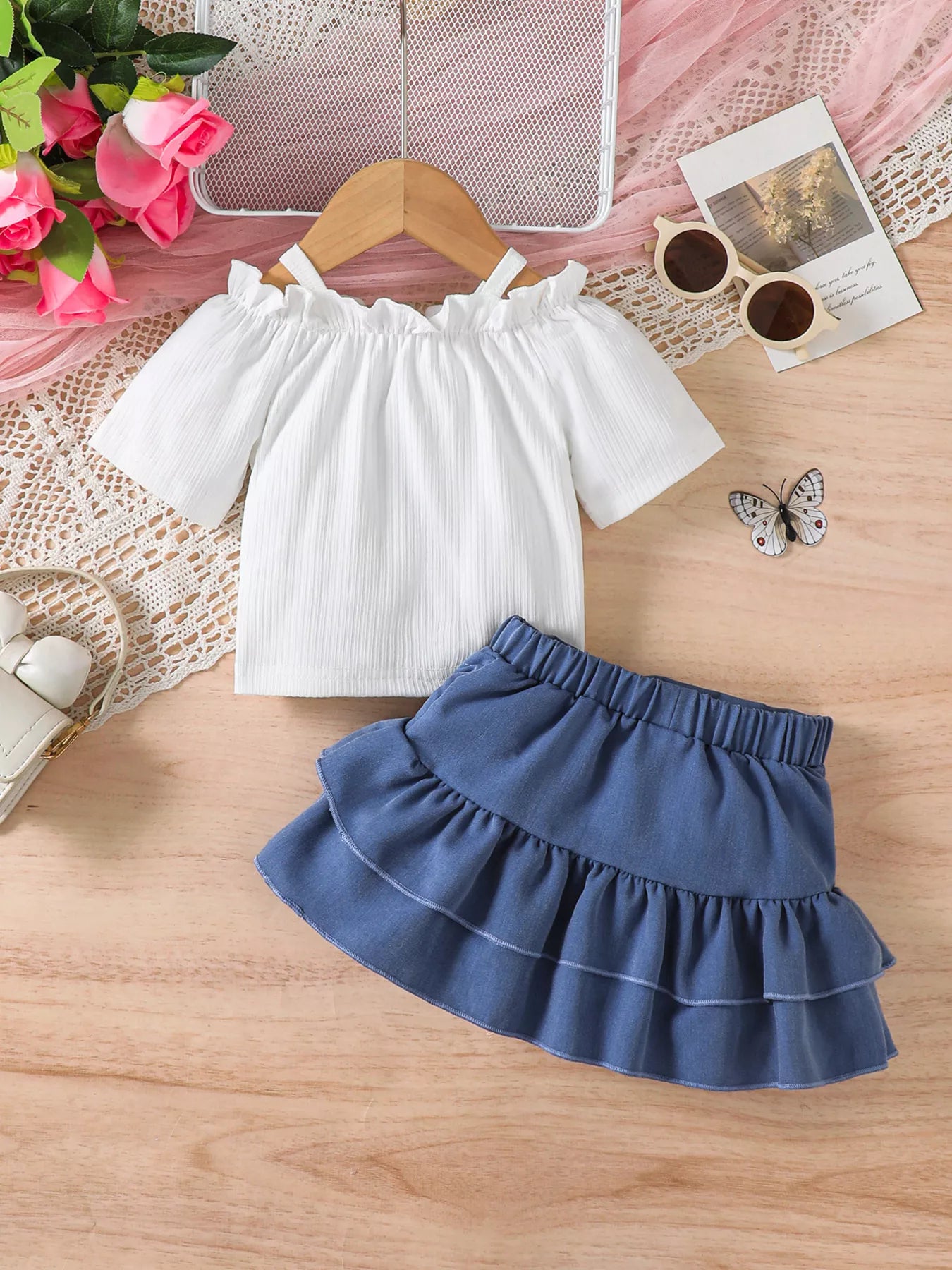 Children's Off - Shoulder Top and Ruffled Denim Skirt Set - Seedandsoulful