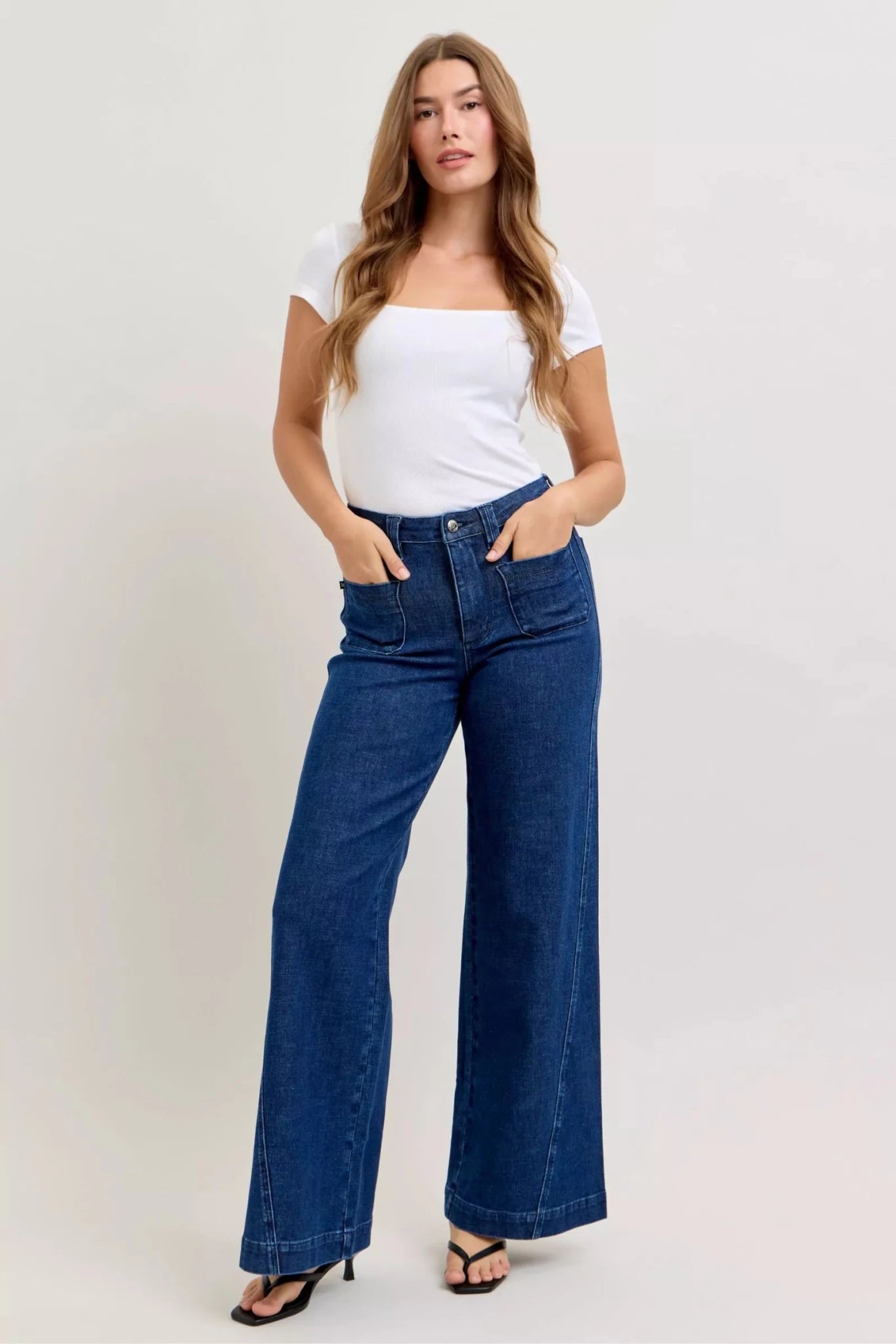 Judy Blue High - Waisted Retro Wide Jeans with Patch Pkts & Twisted Seams - Seedandsoulful