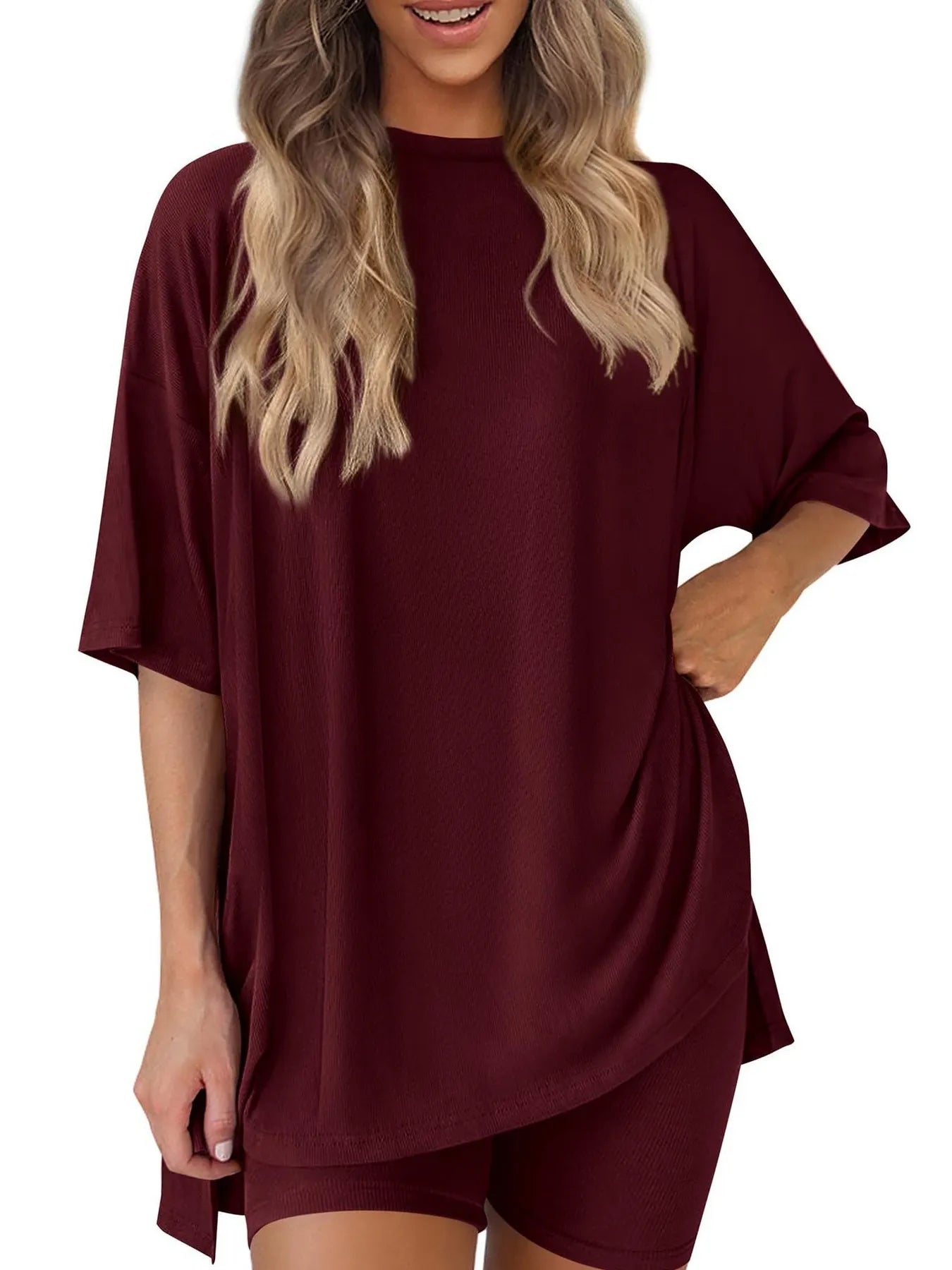 Full Size Oversized Round Neck Top and Shorts Set Plus Size - Seedandsoulful