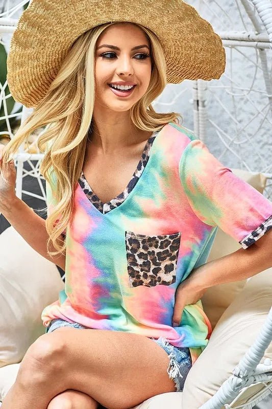 BiBi Tie Dye Print V Neck Top With Front Patch Pocket - Seedandsoulful