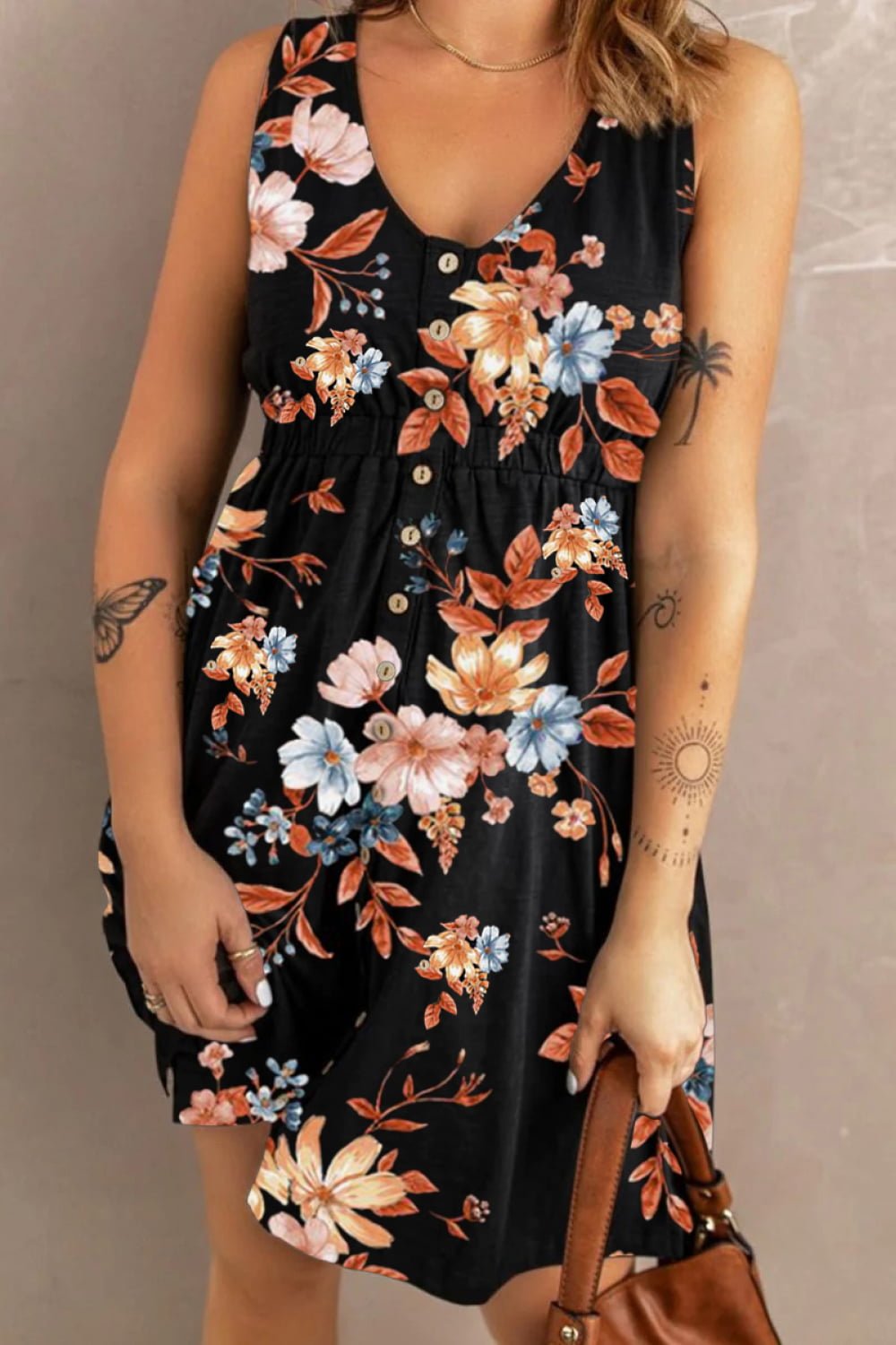 Double Take Printed Scoop Neck Sleeveless Buttoned Magic Dress with Pockets - Seedandsoulful