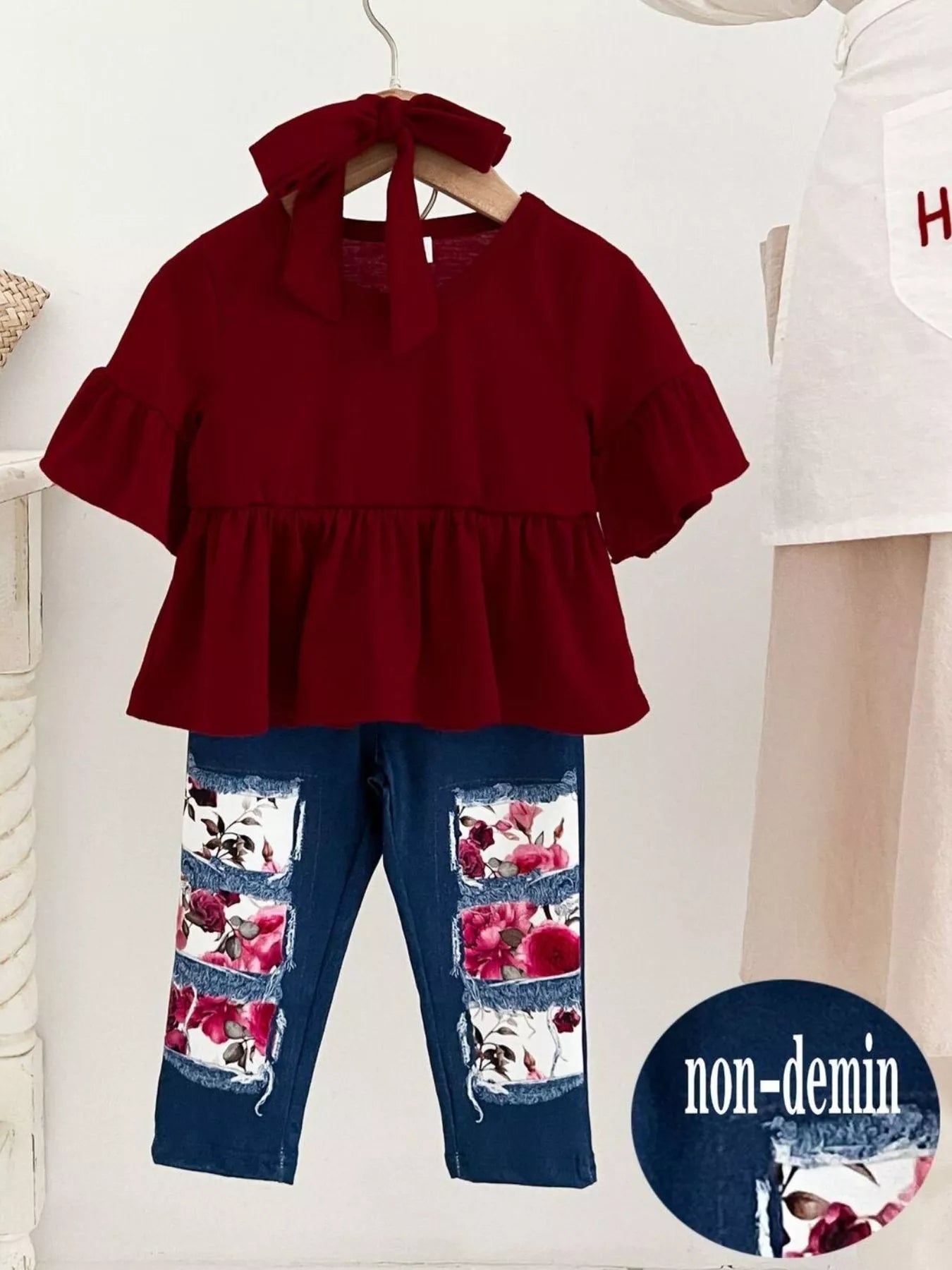 Children's Ruffle Sleeve Top & Floral Patch Pants Set - Seedandsoulful