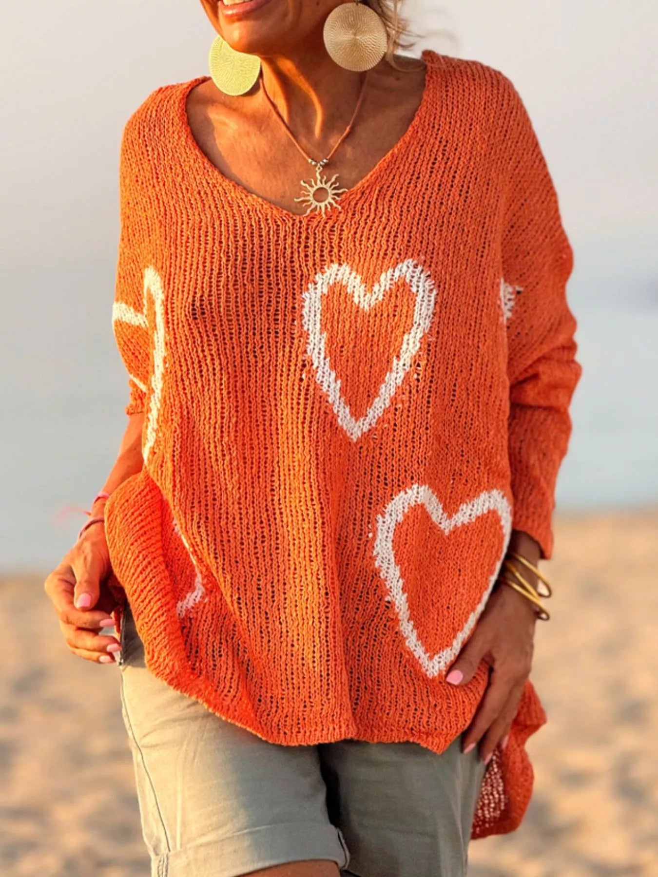 Heart V - Neck Dropped Shoulder Sweater - Seedandsoulful