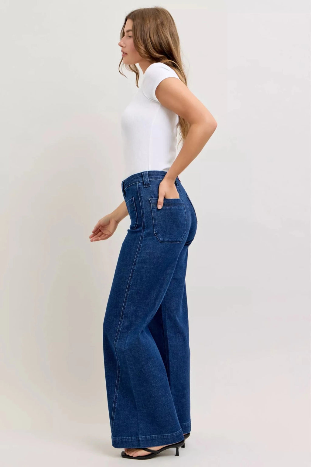 Judy Blue High - Waisted Retro Wide Jeans with Patch Pkts & Twisted Seams - Seedandsoulful