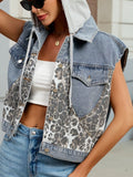 Leopard Button Up Hooded Denim Vest - Seedandsoulful