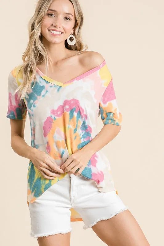 BiBi Circular Tie Dye Print V Neck Top - Seedandsoulful