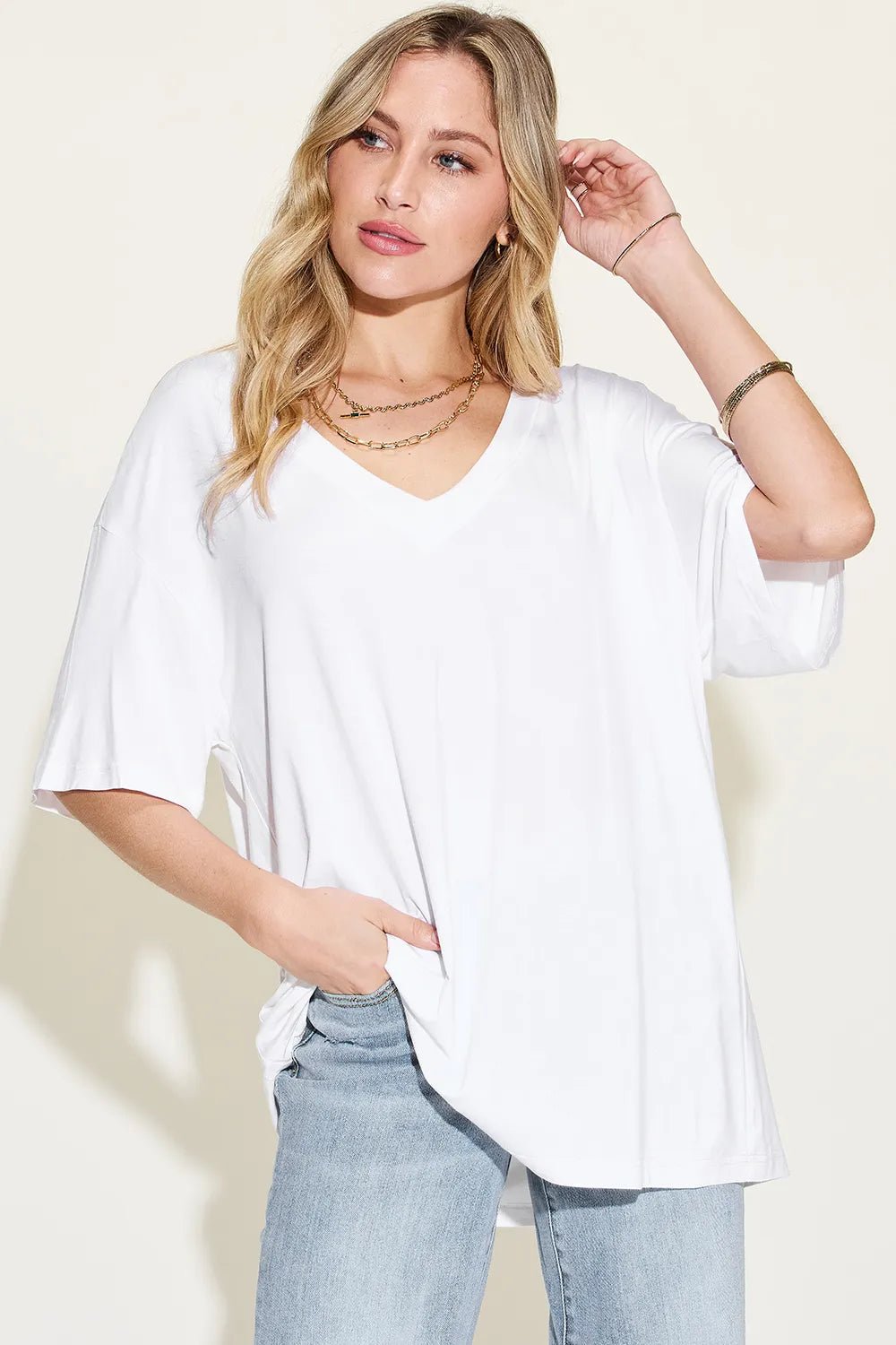 Basic Bae Full Size Bamboo V - Neck Drop Shoulder T-Shirt - Seedandsoulful