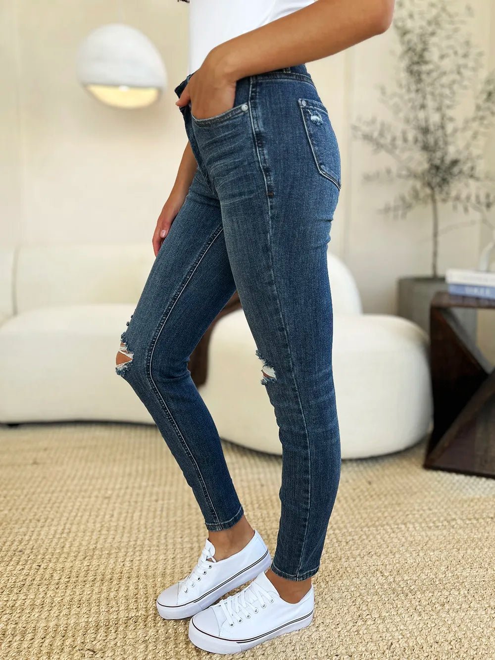 Judy Blue Full Size Mid Waist Distressed Slim Jeans - Seedandsoulful