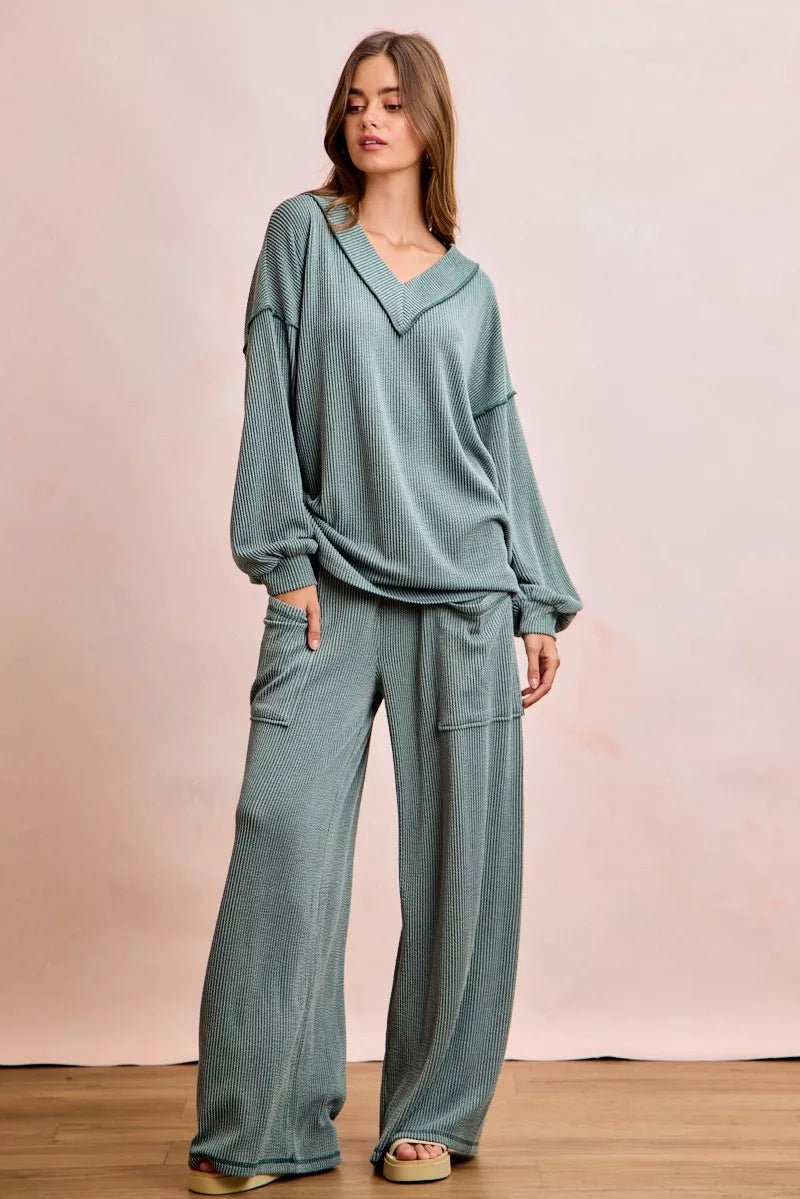 BiBi Two Tone Cord Rib Contrast Stitching V - Neck Top and Pants Set - Seedandsoulful