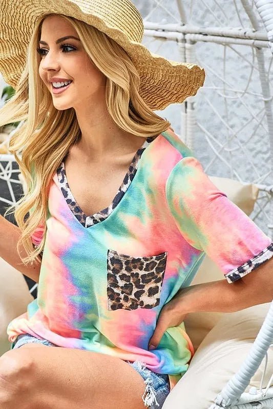 BiBi Tie Dye Print V Neck Top With Front Patch Pocket - Seedandsoulful