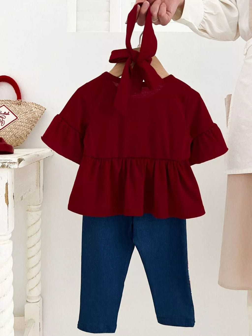 Children's Ruffle Sleeve Top & Floral Patch Pants Set - Seedandsoulful