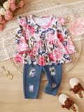 Children's Floral Ruffle Trim Top & Distressed Jeans Set - Seedandsoulful