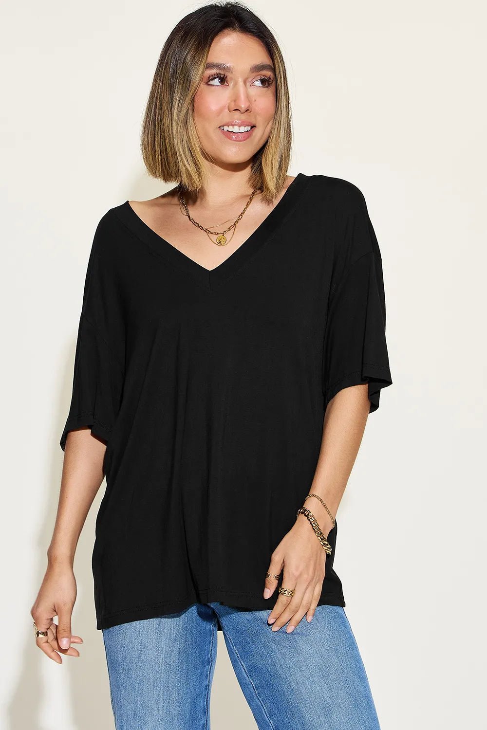 Basic Bae Full Size Bamboo V - Neck Drop Shoulder T-Shirt - Seedandsoulful