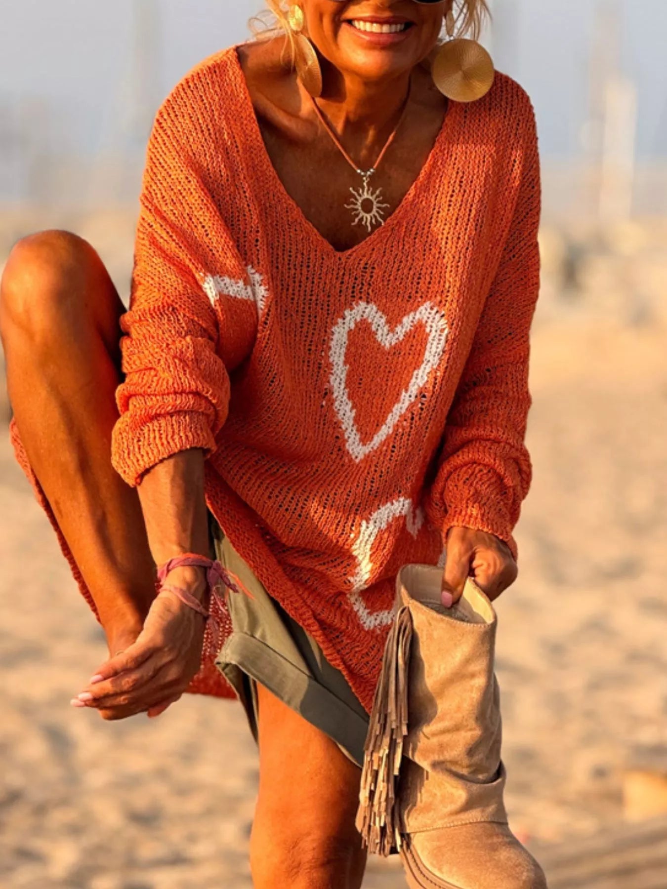 Heart V - Neck Dropped Shoulder Sweater - Seedandsoulful