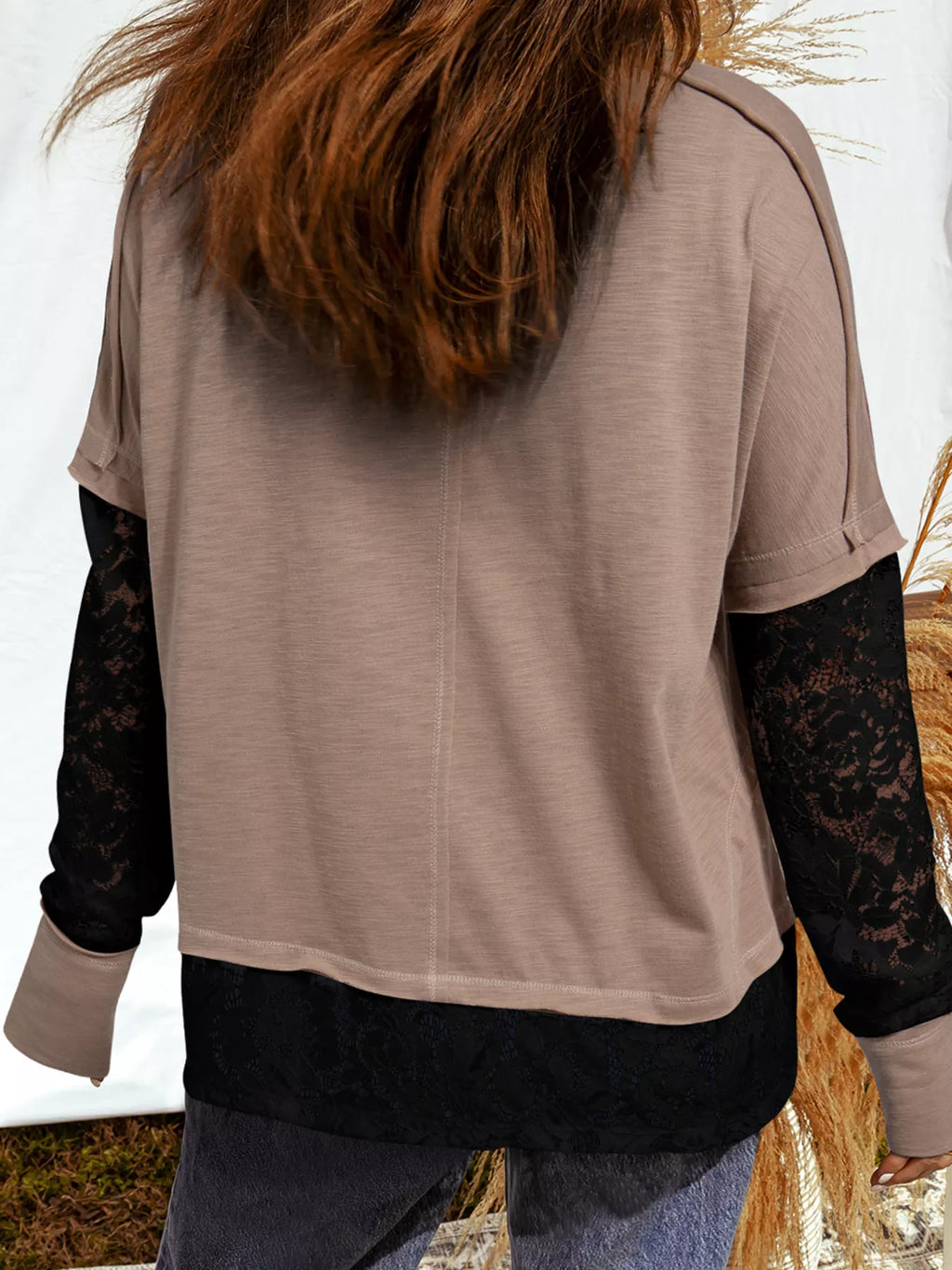 Sheer Lace Patchwork Casual Long Sleeve Tee - Seedandsoulful