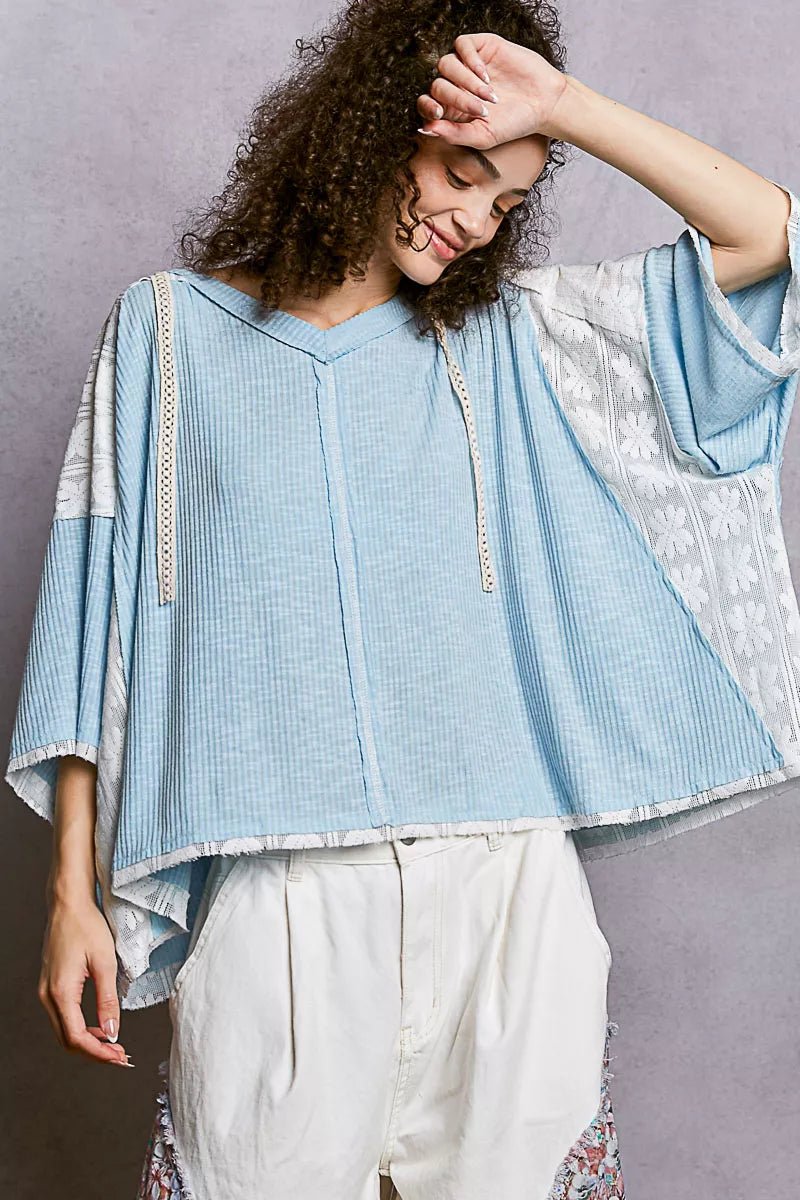 POL Short Sleeve Hoodie Top with Lace Detail - Seedandsoulful