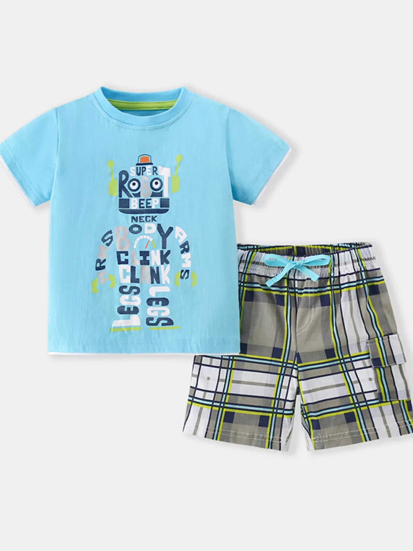 Children's Robot Short Sleeve T-Shirt & Plaid Shorts Set - Seedandsoulful