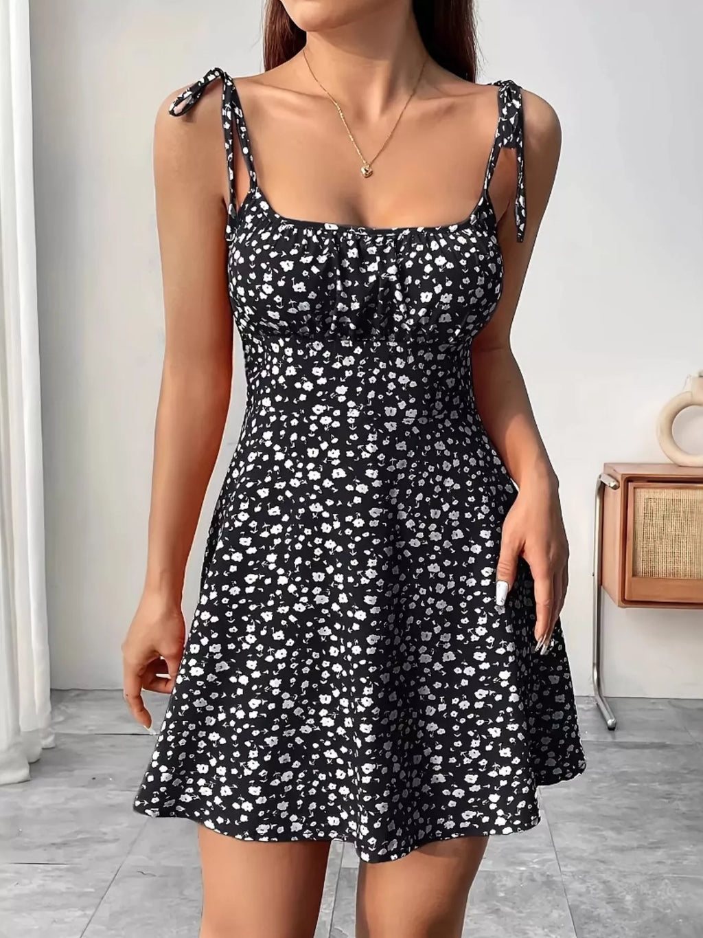 Floral Print Tie Strap Mini Dress - Seedandsoulful