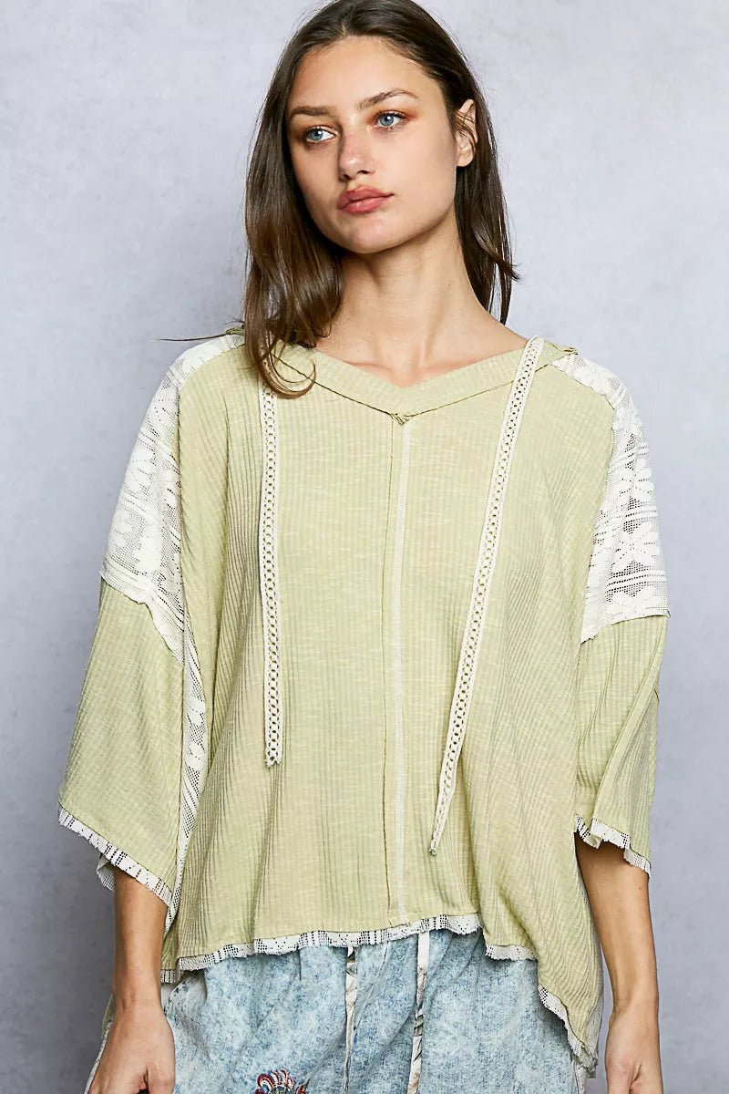 POL Short Sleeve Hoodie Top with Lace Detail - Seedandsoulful