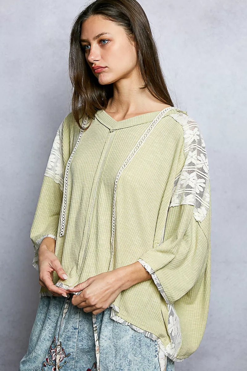 POL Short Sleeve Hoodie Top with Lace Detail - Seedandsoulful